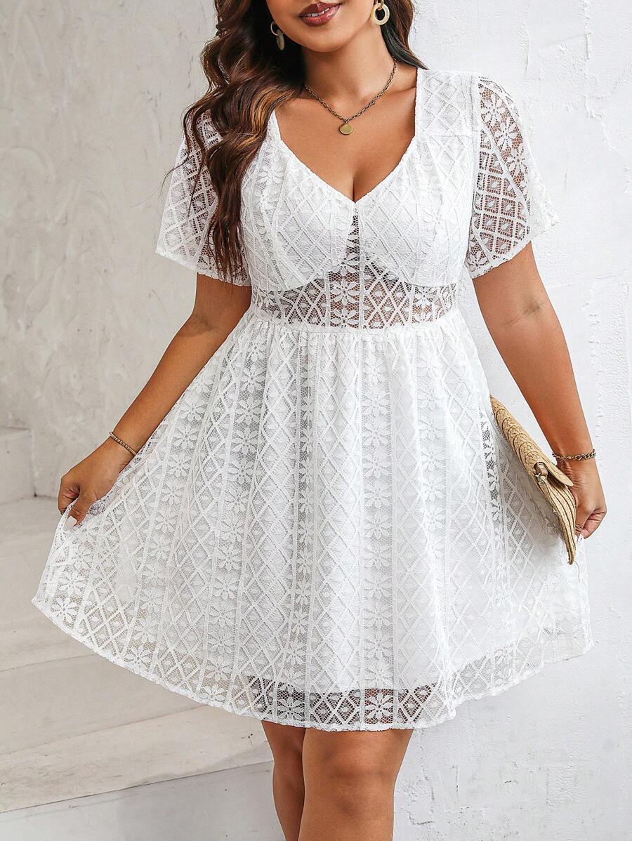 SHEIN Clasi Hơn Chất rắn Lớp phủ ren Đầm - trắng - Xem 1