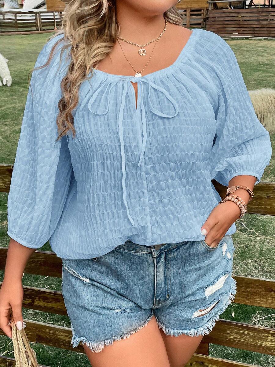 SHEIN LUNE Plus Tie Neck Lantern Sleeve Blouse - Baby Blue - View 1