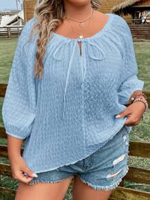 SHEIN LUNE Plus Tie Neck Lantern Sleeve Blouse - Baby Blue - View 4