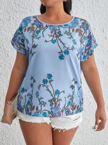 SHEIN LUNE Plus Floral Print Batwing Sleeve Blouse