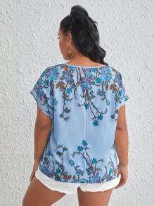 SHEIN LUNE Plus Floral Print Batwing Sleeve Blouse