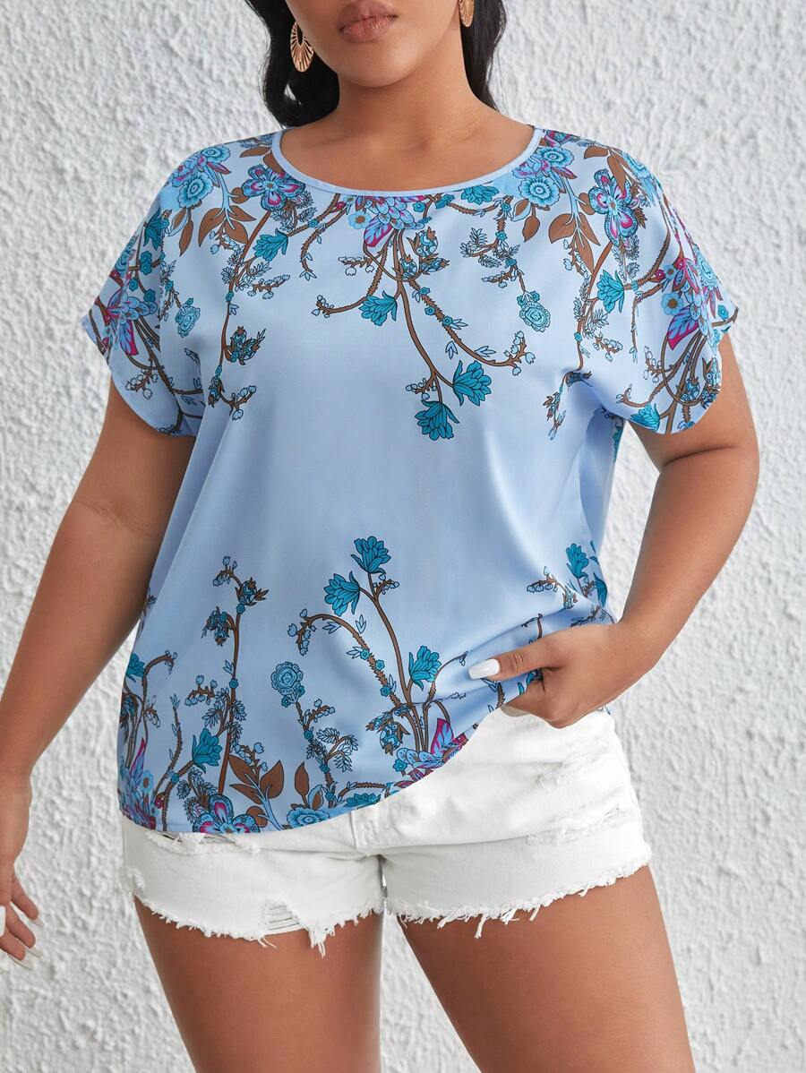 SHEIN LUNE Plus Floral Print Batwing Sleeve Blouse
