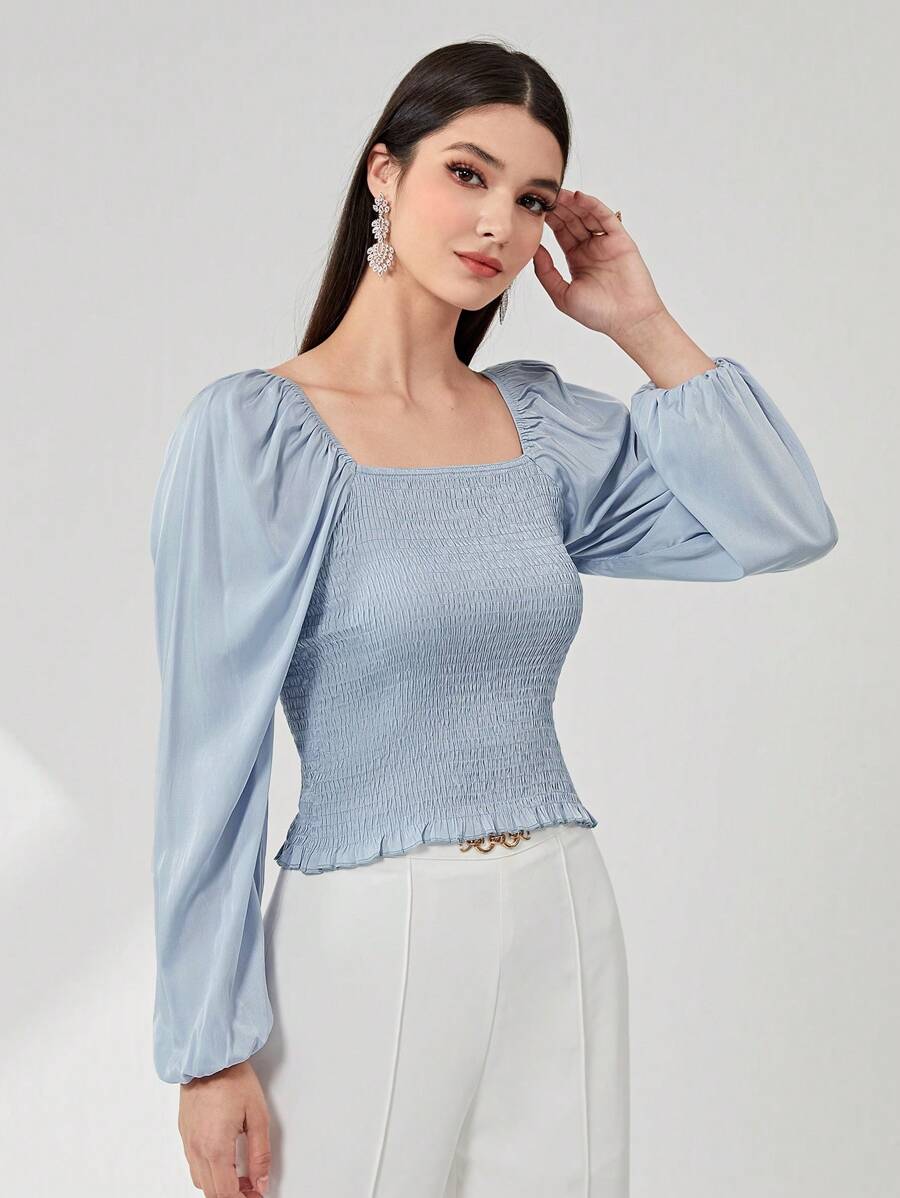 方領燈籠袖褶邊襯衫 - 霧霾藍 - 查看 1