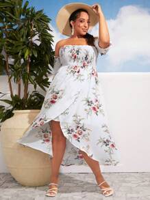 SHEIN CURVE+ 大碼印花一字肩圍裹連衣裙 - 彩色 - 查看 5