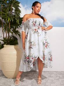 SHEIN CURVE+ 大碼印花一字肩圍裹連衣裙 - 彩色 - 查看 4