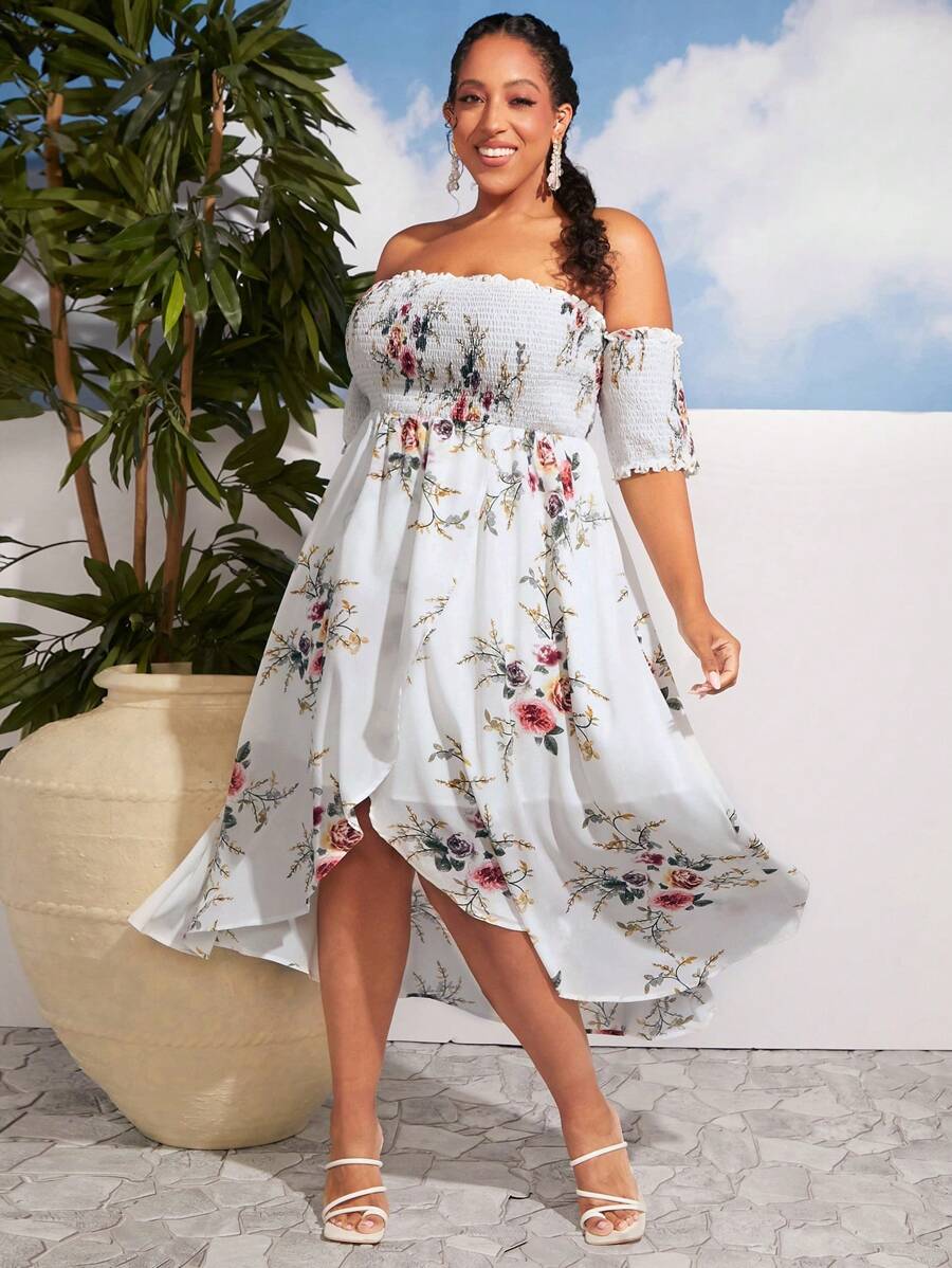 SHEIN CURVE+ 大碼印花一字肩圍裹連衣裙 - 彩色 - 查看 1
