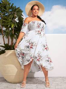 SHEIN CURVE+ 大碼印花一字肩圍裹連衣裙 - 彩色 - 查看 6