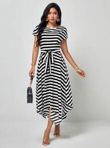 SHEIN LUNE Đầm Bất đối xứng Thắt lưng Sọc Giải trí - Đen và trắng - Xem 5