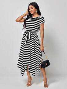 SHEIN LUNE Đầm Bất đối xứng Thắt lưng Sọc Giải trí - Đen và trắng - Xem 6