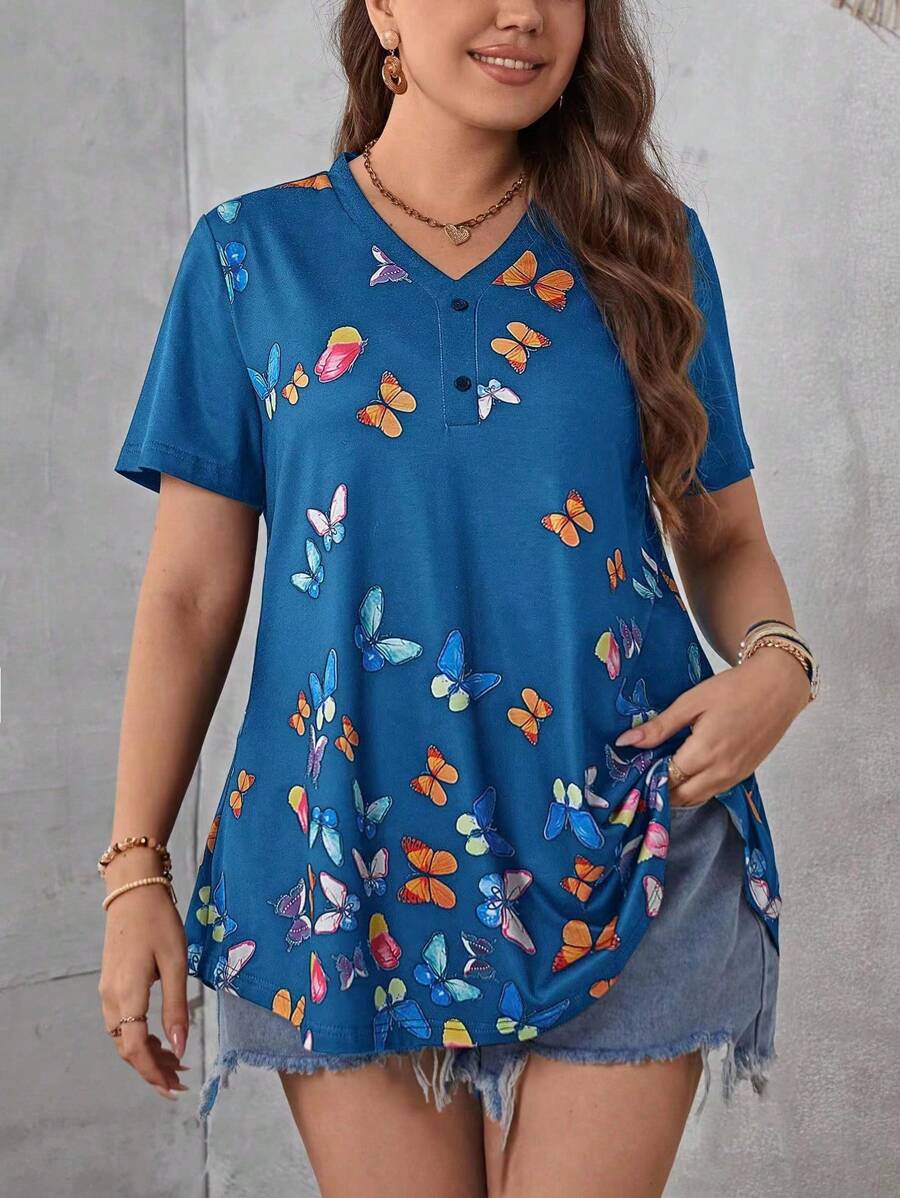 EMERY ROSE Áo thun Plus size Loại bướm Giải trí - Màu xanh lam - Xem 1
