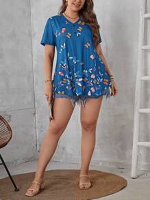 EMERY ROSE Áo thun Plus size Loại bướm Giải trí - Màu xanh lam - Xem 4