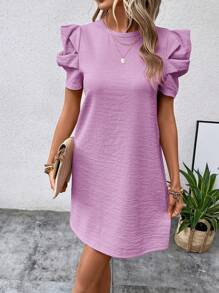 SHEIN LUNE Đầm Nút màu trơn Giải trí - Màu Lilac Tím - Xem 3