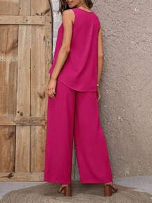 SHEIN LUNE Solid Tank Top & Wide Leg Pants - Hot Pink - View 2