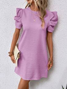 SHEIN LUNE Đầm Nút màu trơn Giải trí - Màu Lilac Tím - Xem 5