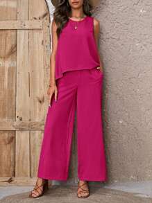 SHEIN LUNE Solid Tank Top & Wide Leg Pants - Hot Pink - View 4