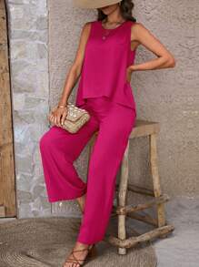 SHEIN LUNE Solid Tank Top & Wide Leg Pants - Hot Pink - View 5