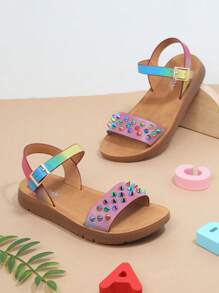 女孩撞色鉚釘細節踝帶平底涼鞋 - 彩色 - 查看 2