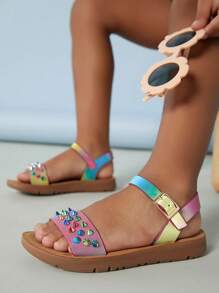 女孩撞色鉚釘細節踝帶平底涼鞋 - 彩色 - 查看 4