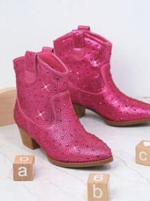 Girls Glitter Detail Slip On Western Boots - Red Violet - View 2