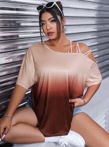 Calvaya Camiseta asimétrica con efecto degradado, escote pronunciado y hombros caídos para mujer - Multicolor - Ver 2