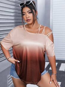 Calvaya Camiseta asimétrica con efecto degradado, escote pronunciado y hombros caídos para mujer - Multicolor - Ver 1