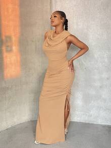 SHEIN SXY Đầm Lộ Lưng Dây kéo Vắt Tách cao màu trơn Gợi cảm - Màu Khaki - Xem 4