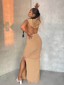 SHEIN SXY Đầm Lộ Lưng Dây kéo Vắt Tách cao màu trơn Gợi cảm - Màu Khaki - Xem 5