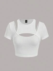SHEIN ICON 前鏤空短款T恤 - 白色 - 查看 1