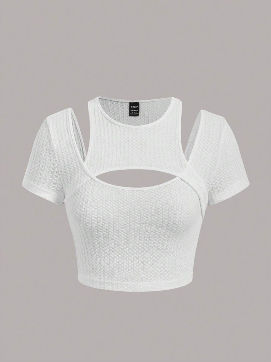 SHEIN ICON 前鏤空短款T恤 - 白色 - 查看 1
