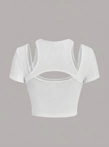 SHEIN ICON 前鏤空短款T恤 - 白色 - 查看 2