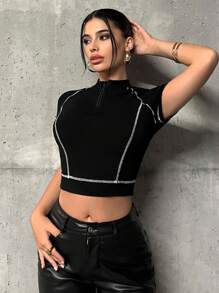 SHEIN ICON 頂針前拉鏈短款T恤 - 黑色 - 查看 3