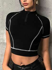 SHEIN ICON 頂針前拉鏈短款T恤 - 黑色 - 查看 4