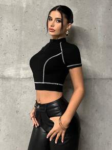 SHEIN ICON 頂針前拉鏈短款T恤 - 黑色 - 查看 6