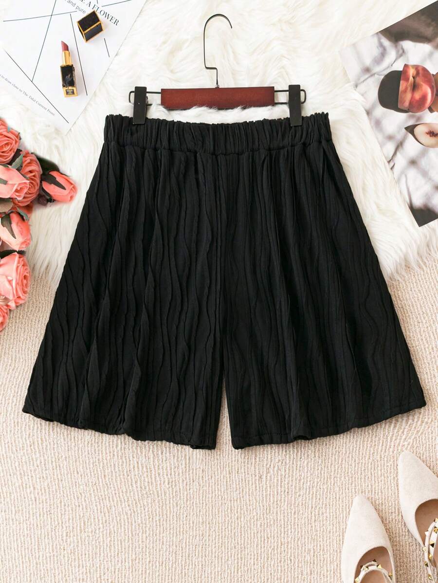 Calvaya Plus Solid Elastic Waist Shorts - Black - View 1