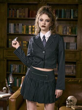 Academia Striped Print Button Front Crop Jacket