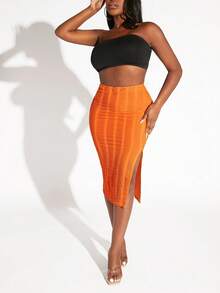 Slaydiva Solid Split Thigh Skirt - Orange - View 3