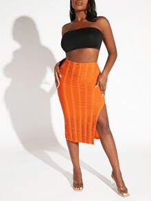 Slaydiva Solid Split Thigh Skirt - Orange - View 5