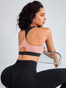 Colourblock Racerback Sports Bra - Black - View 1
