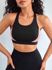 Colourblock Racerback Sports Bra - Black - View 2