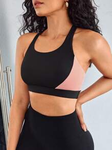 Colourblock Racerback Sports Bra - Black - View 5