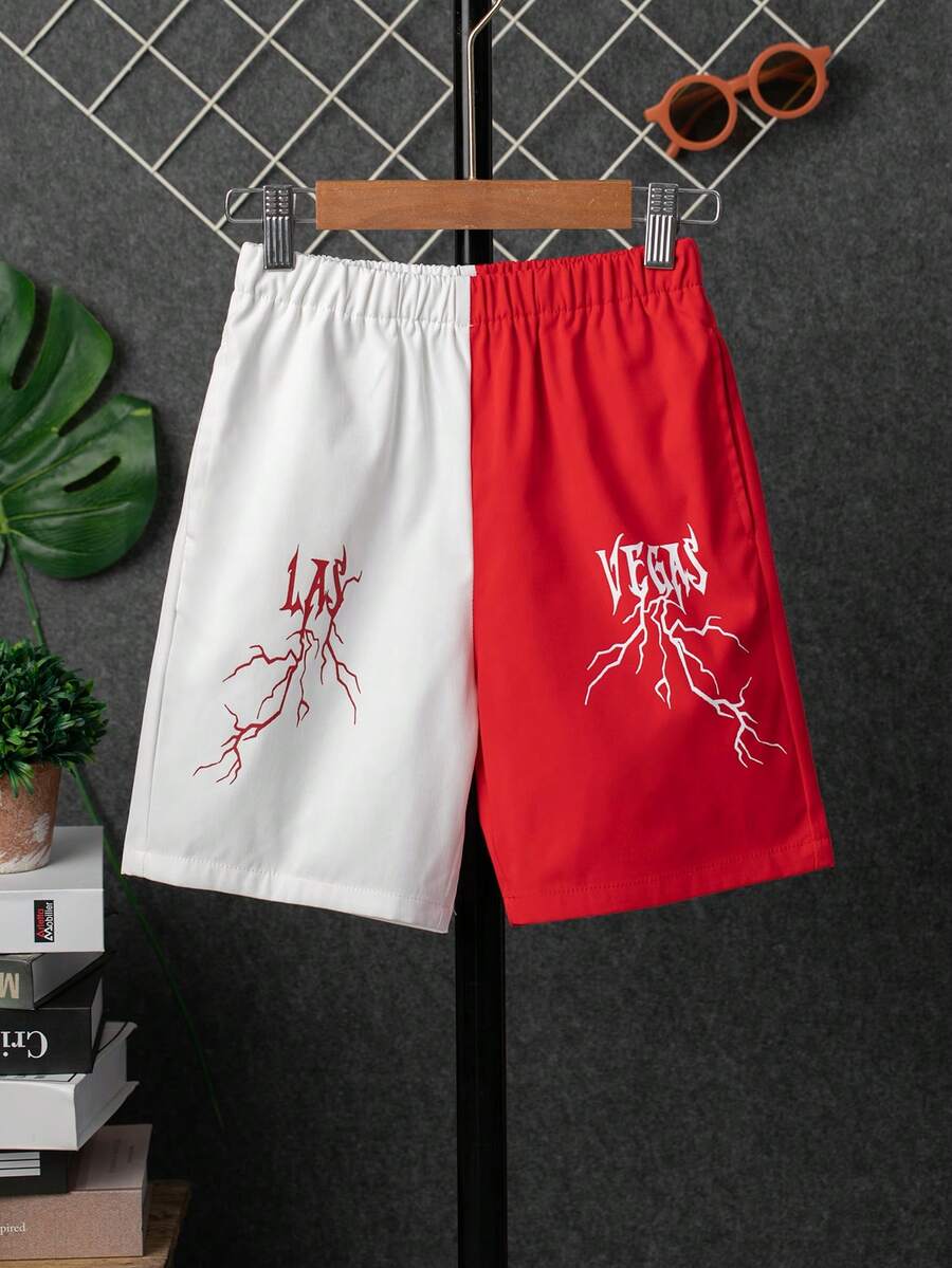 SHEIN Boys Letter Graphic Two Tone Shorts - Red and White - View 1