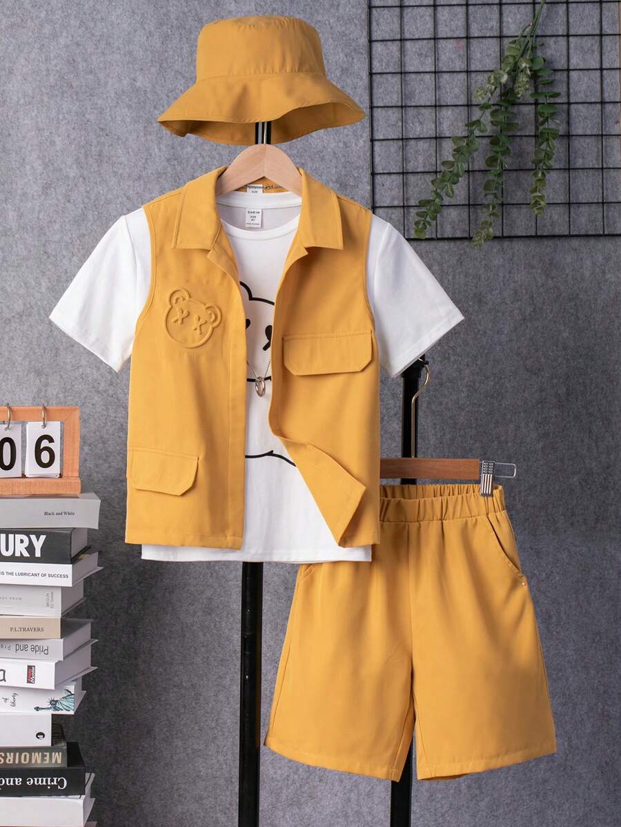 SHEIN 男孩小熊印花T恤和短褲和夾克背心和帽 - 彩色 - 查看 1