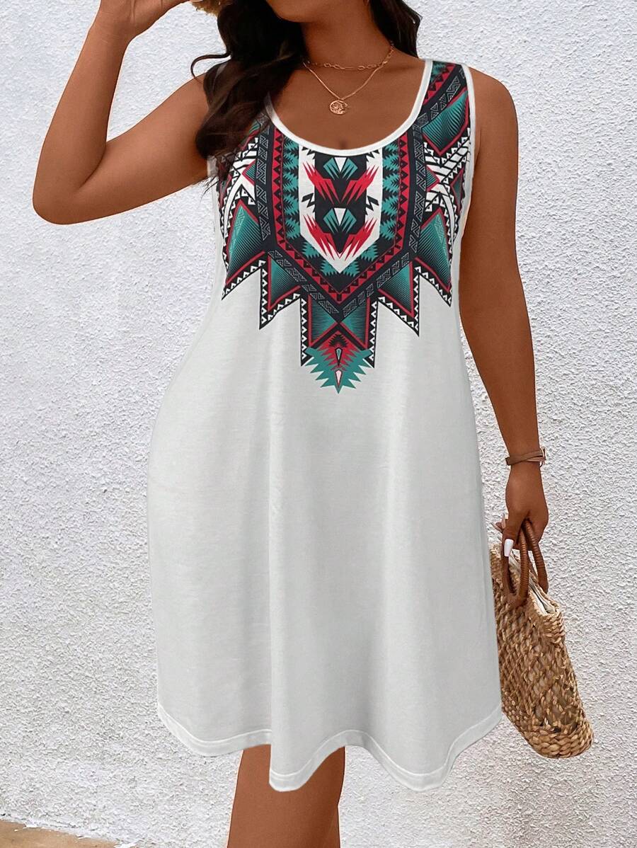 SHEIN Holidaya Đầm Plus Size Hình học Bộ lạc Boho - trắng - Xem 1