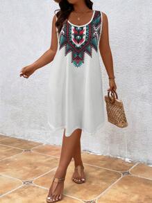 SHEIN Holidaya Đầm Plus Size Hình học Bộ lạc Boho - trắng - Xem 3