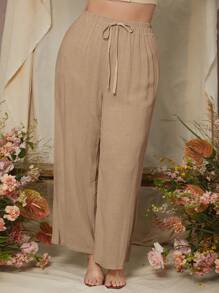 SHEIN Essnce Plus Drawstring Waist Wide Leg Trousers - Camel - View 1