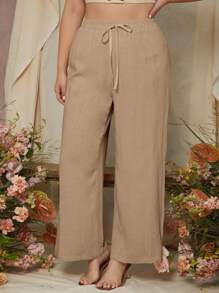 SHEIN Essnce Plus Drawstring Waist Wide Leg Trousers - Camel - View 3