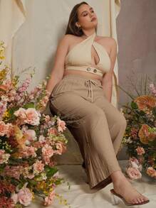 SHEIN Essnce Plus Drawstring Waist Wide Leg Trousers - Camel - View 5