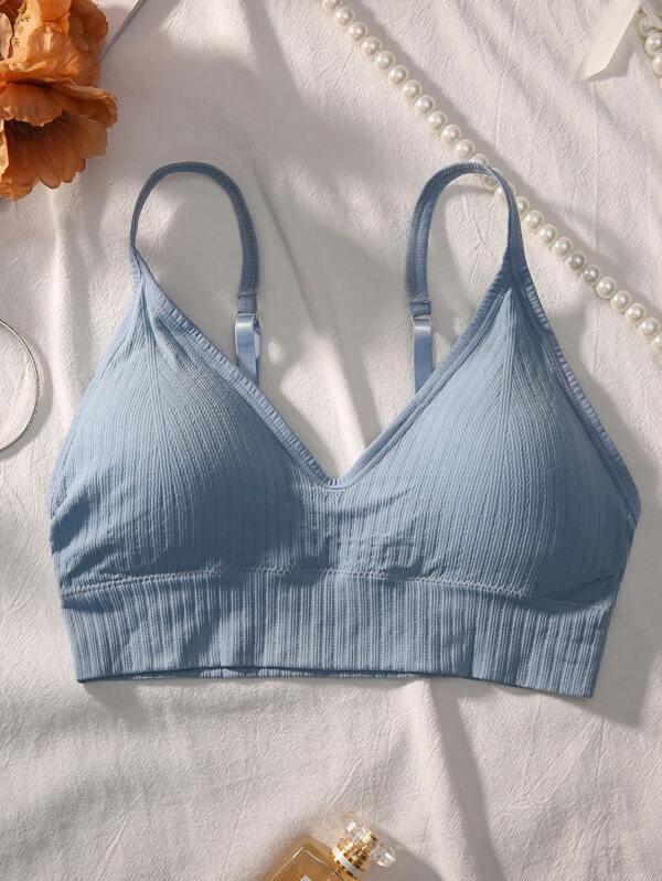Women's Casual Plain Blue Backless Bralette With Slight Stretch Fabric
