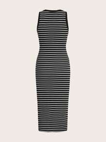 SHEIN EZwear Striped Print Bodycon Tank Dress - Black - View 2