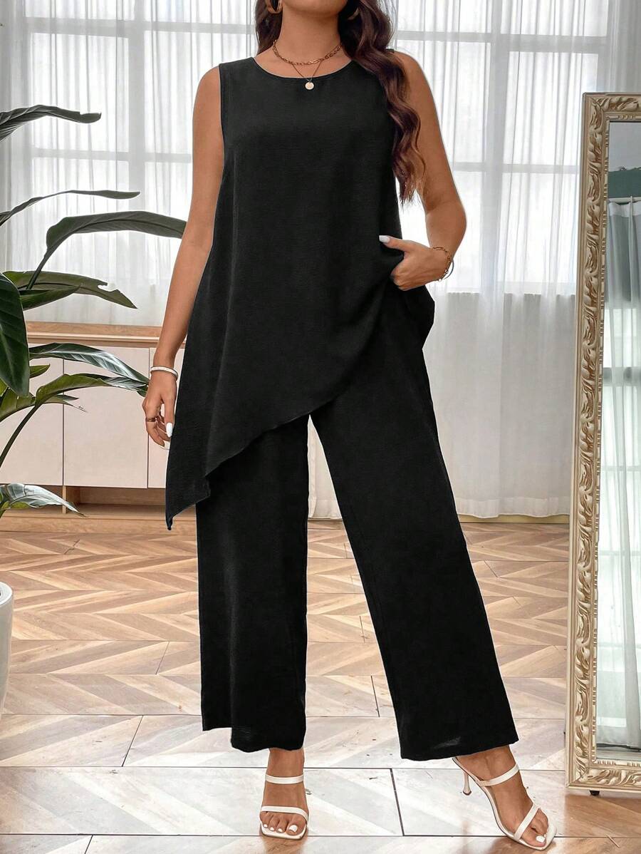 SHEIN Clasi 大碼不對稱下擺背心上衣和闊腿褲 - 黑色 - 查看 1